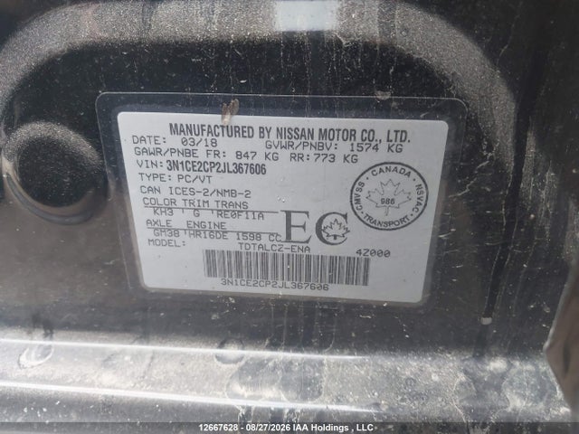 Продаж на аукціоні авто 2018 Nissan Versa Note S/sr/sv, vin: 3N1CE2CP2JL367606, номер лоту: 12667628