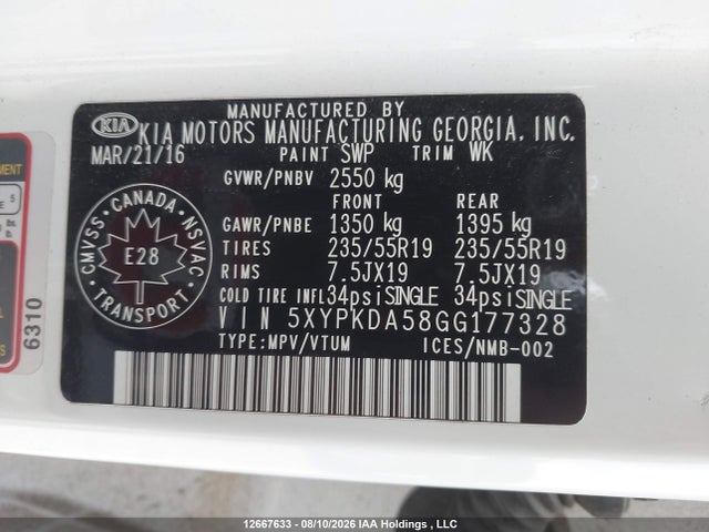2016 Kia Sorento Sx/sx Limited მანქანა იყიდება აუქციონზე, vin: 5XYPKDA58GG177328, აუქციონის ნომერი: 12667633