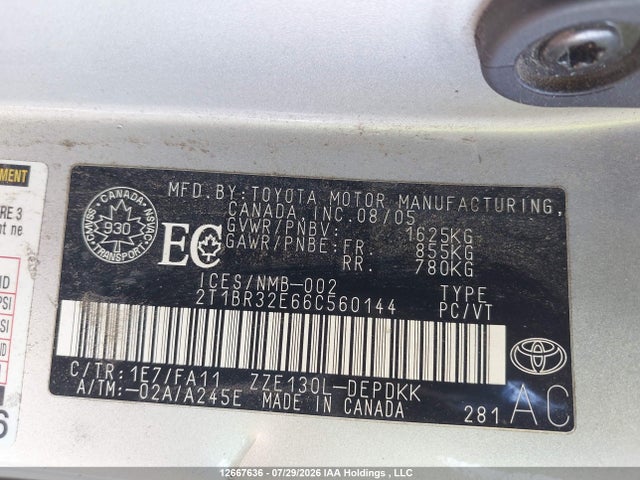 12667636 :رقم المزاد ، 2T1BR32E66C560144 vin ، 2006 Toyota Corolla Ce/le/s مزاد بيع