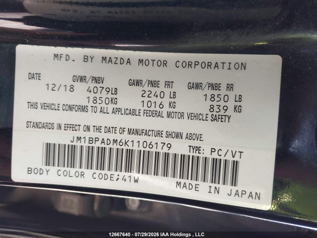 12667640 :رقم المزاد ، JM1BPADM6K1106179 vin ، 2019 Mazda 3 Preferred مزاد بيع