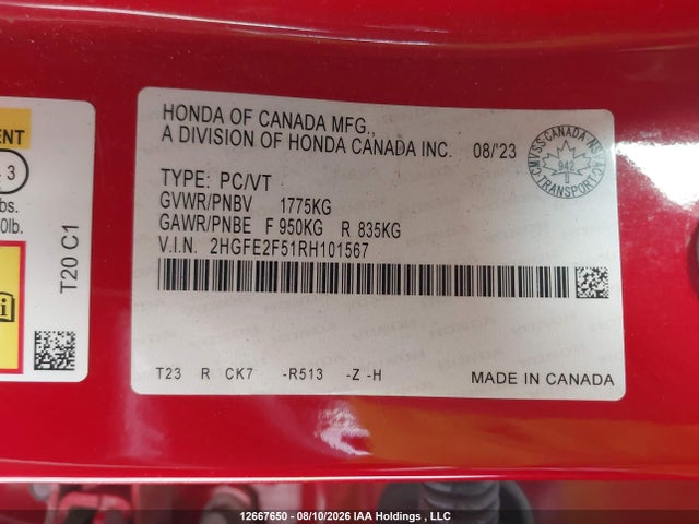 2HGFE2F51RH101567 Honda Civic Sport