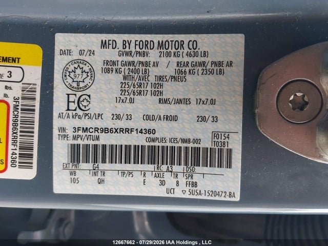 12667662 :رقم المزاد ، 3FMCR9B6XRRF14360 vin ، 2024 Ford Bronco Sport Big Bend مزاد بيع