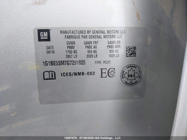 2016 Chevrolet Cruze მანქანა იყიდება აუქციონზე, vin: 1G1BE5SM7G7291825, აუქციონის ნომერი: 12667676
