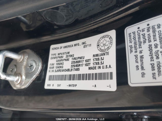 2011 Honda Cr-v Lx მანქანა იყიდება აუქციონზე, vin: 5J6RE4H34BL817465, აუქციონის ნომერი: 12667677