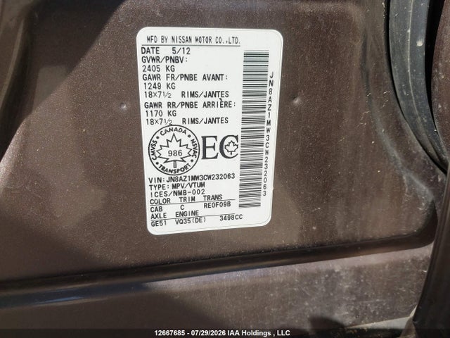 Auction sale of the 2012 Nissan Murano Sv, vin: JN8AZ1MW3CW232063, lot number: 12667685
