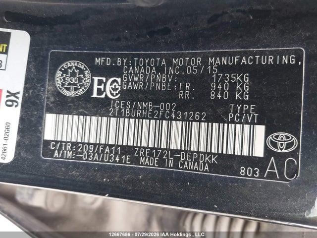Aukcja sprzedaży 2015 Toyota Corolla, vin: 2T1BURHE2FC431262, numer aukcji: 12667686