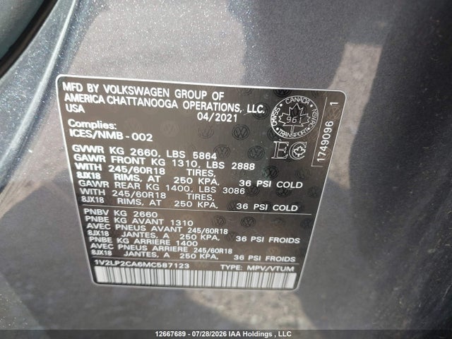 1V2LP2CA6MC587123 Volkswagen Atlas 2.0 Tsi Comfortline