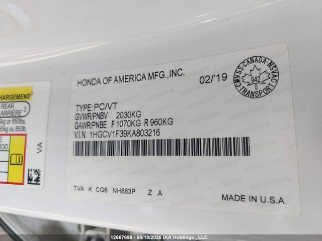 1HGCV1F39KA803216 Honda Accord Sport 1.5t