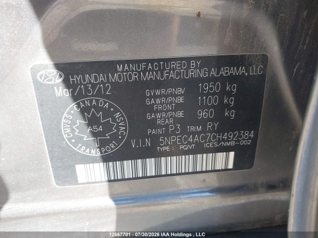 Aukcja sprzedaży 2012 Hyundai Sonata Se/limited, vin: 5NPEC4AC7CH492384, numer aukcji: 12667701