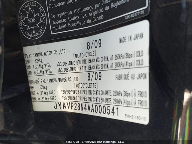 Aukcja sprzedaży 2010 Yamaha Xv1700 A, vin: JYAVP28N4AA000541, numer aukcji: 12667708
