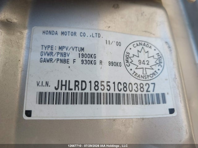 Продаж на аукціоні авто 2001 Honda Cr-v Ex, vin: JHLRD18551C803827, номер лоту: 12667710