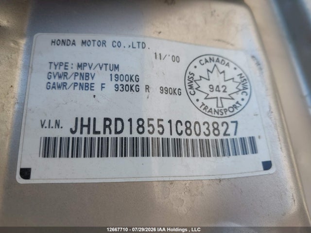 Продаж на аукціоні авто 2001 Honda Cr-v Ex, vin: JHLRD18551C803827, номер лоту: 12667710