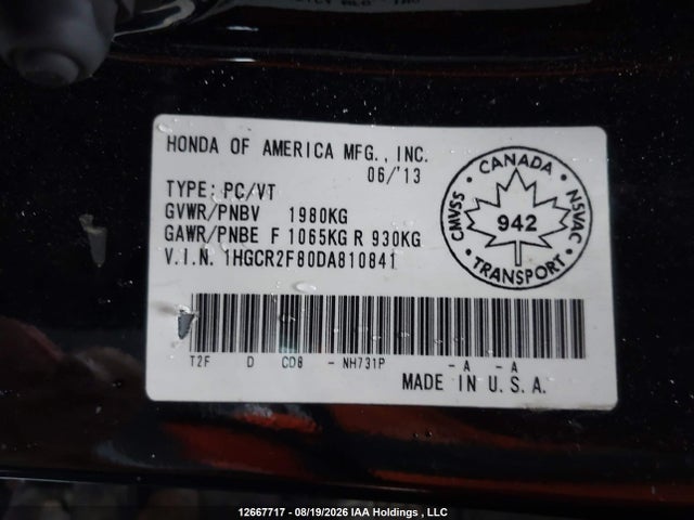 Auction sale of the 2013 Honda Accord, vin: 1HGCR2F80DA810841, lot number: 12667717