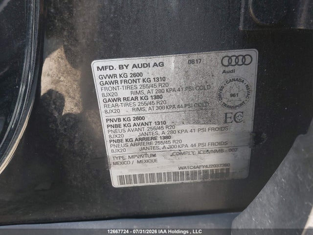 2018 Audi Sq5 Prestige მანქანა იყიდება აუქციონზე, vin: WA1C4AFY4J2037380, აუქციონის ნომერი: 12667724