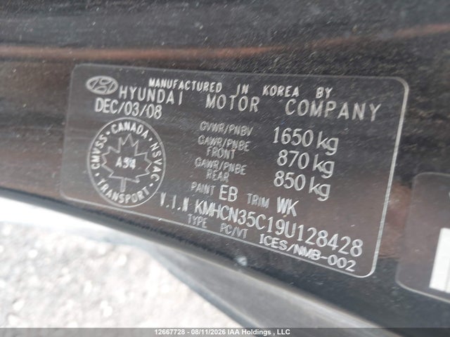 Aukcja sprzedaży 2009 Hyundai Accent Gl/gl Sport/l, vin: KMHCN35C19U128428, numer aukcji: 12667728