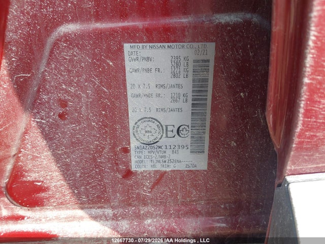 Aukcja sprzedaży 2021 Nissan Murano Platinum, vin: 5N1AZ2DS2MC112395, numer aukcji: 12667730