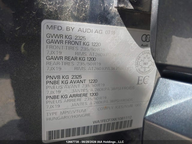 Продаж на аукціоні авто 2019 Audi Q3 Prestige S-line, vin: WA1FECF3XK1081112, номер лоту: 12667738