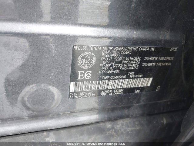 12667751 :رقم المزاد ، 2T3DWRFV2LW099816 vin ، 2020 Toyota Rav4 Hybrid Limited مزاد بيع
