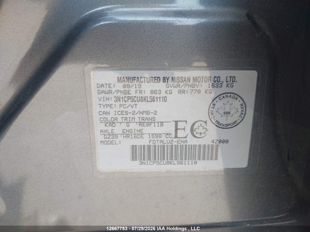 12667753 :رقم المزاد ، 3N1CP5CU8KL561110 vin ، 2019 Nissan Kicks S/sr/sv مزاد بيع