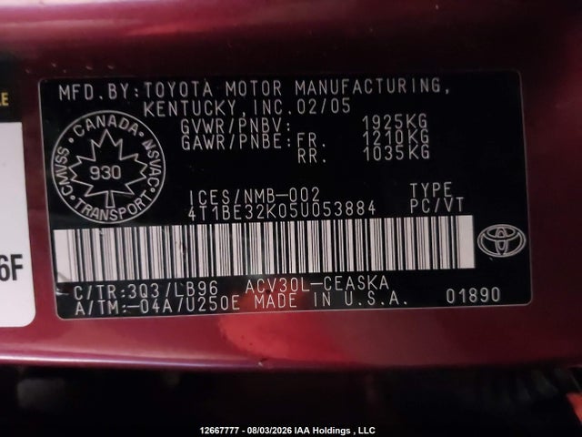 2005 Toyota Camry Le/xle/se მანქანა იყიდება აუქციონზე, vin: 4T1BE32K05U053884, აუქციონის ნომერი: 12667777