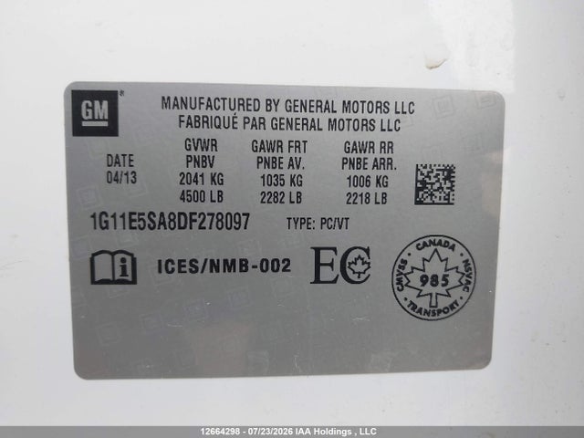 12664298 :رقم المزاد ، 1G11E5SA8DF278097 vin ، 2013 Chevrolet Malibu 2lt مزاد بيع