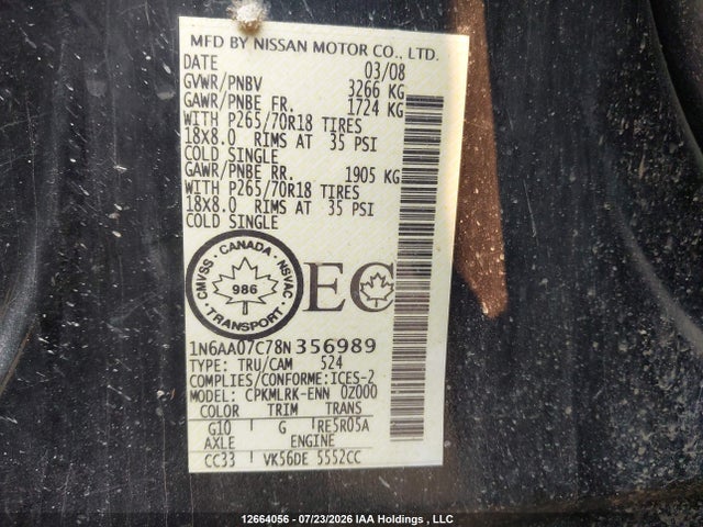 12664056 :رقم المزاد ، 1N6AA07C78N356989 vin ، 2008 Nissan Titan Xe مزاد بيع