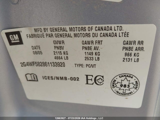 12663927 :رقم المزاد ، 2G4WF582861133920 vin ، 2006 Buick Allure Cx مزاد بيع