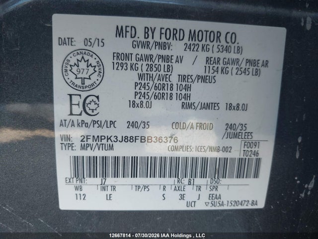 12667814 :رقم المزاد ، 2FMPK3J88FBB36376 vin ، 2015 Ford Edge Sel مزاد بيع