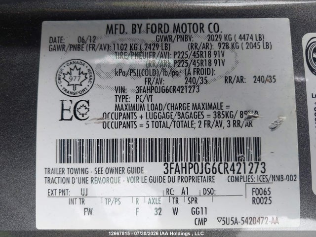 Продажа на аукционе авто 2012 Ford Fusion Sel, vin: 3FAHP0JG6CR421273, номер лота: 12667815