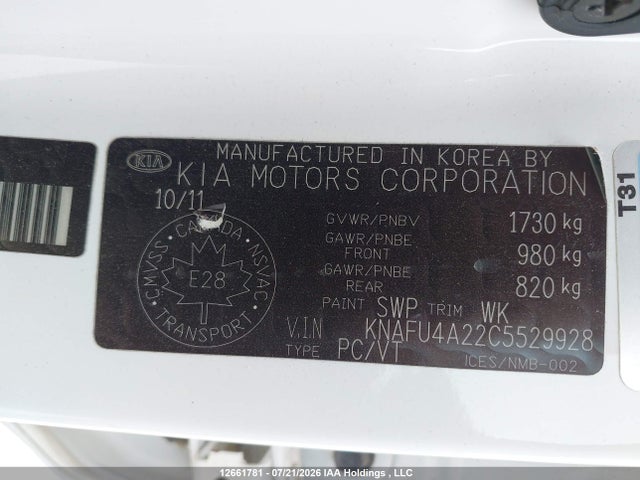 12661781 :رقم المزاد ، KNAFU4A22C5529928 vin ، 2012 Kia Forte 2.0l Ex مزاد بيع