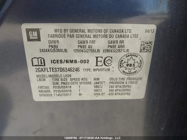 Aukcja sprzedaży 2013 Gmc Terrain Sle-2, vin: 2GKFLTE37D6346246, numer aukcji: 12659768