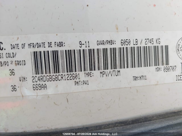 Продаж на аукціоні авто 2012 Dodge Grand Caravan Se/sxt, vin: 2C4RDGBG8CR122601, номер лоту: 12659704