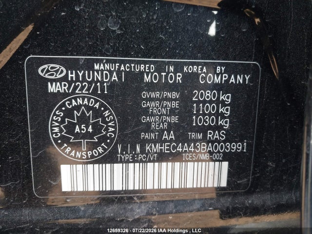 2011 Hyundai Sonata Hybrid Premium მანქანა იყიდება აუქციონზე, vin: KMHEC4A43BA003991, აუქციონის ნომერი: 12659326