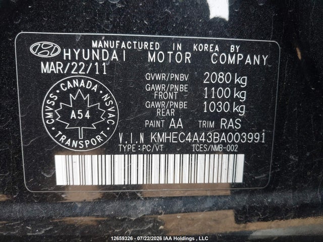 2011 Hyundai Sonata Hybrid Premium მანქანა იყიდება აუქციონზე, vin: KMHEC4A43BA003991, აუქციონის ნომერი: 12659326