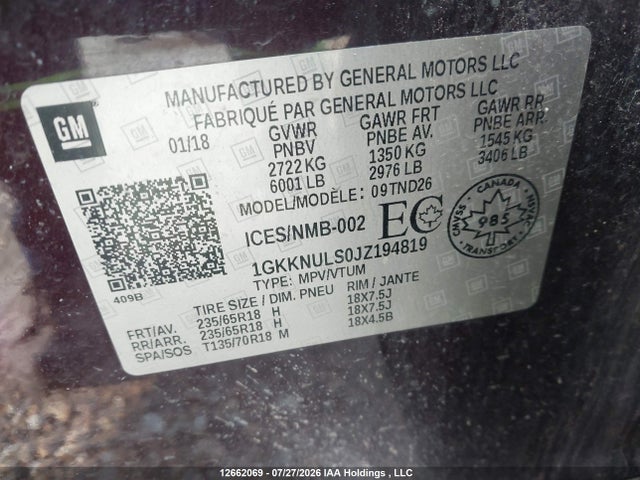 Продажа на аукционе авто 2018 Gmc Acadia Slt-1, vin: 1GKKNULS0JZ194819, номер лота: 12662069