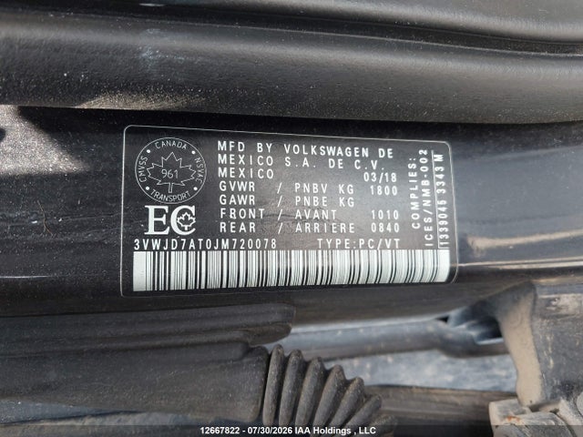 2018 Volkswagen Beetle მანქანა იყიდება აუქციონზე, vin: 3VWJD7AT0JM720078, აუქციონის ნომერი: 12667822