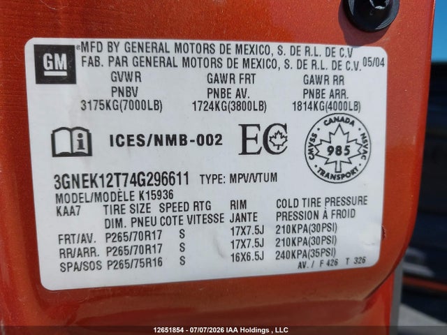 Продаж на аукціоні авто 2004 Chevrolet Avalanche 1500, vin: 3GNEK12T74G296611, номер лоту: 12651854