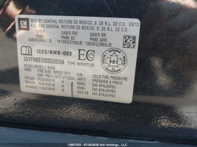 2013 Cadillac Srx მანქანა იყიდება აუქციონზე, vin: 3GYFNBE38DS598504, აუქციონის ნომერი: 12667825