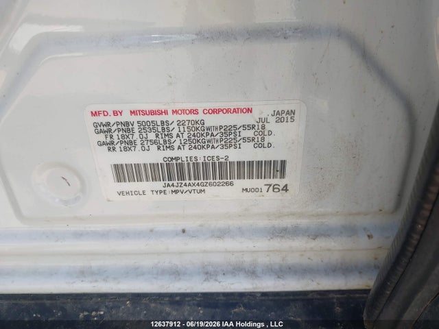 2016 Mitsubishi Outlander Gt მანქანა იყიდება აუქციონზე, vin: JA4JZ4AX4GZ602266, აუქციონის ნომერი: 12637912