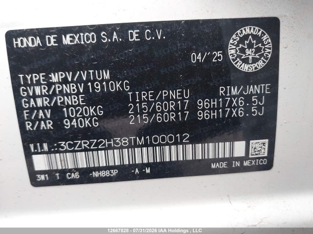 Auction sale of the 2026 Honda Hr-v Lx, vin: 3CZRZ2H38TM100012, lot number: 12667828