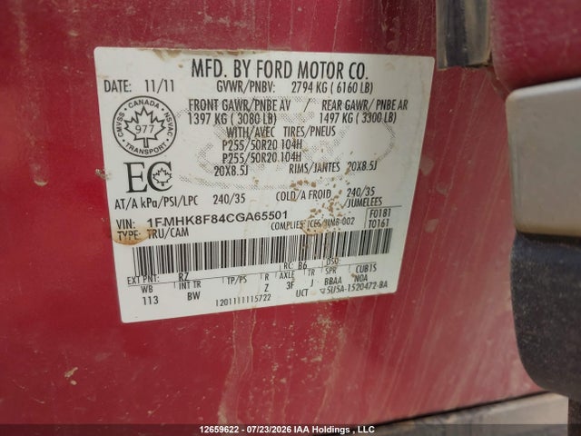 Продаж на аукціоні авто 2012 Ford Explorer Limited, vin: 1FMHK8F84CGA65501, номер лоту: 12659622