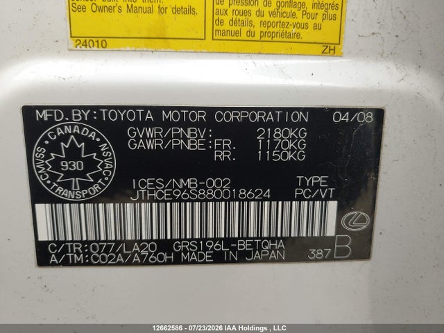 Aukcja sprzedaży 2008 Lexus Gs 350 350, vin: JTHCE96S880018624, numer aukcji: 12662586