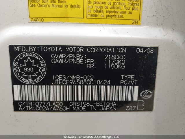 Aukcja sprzedaży 2008 Lexus Gs 350 350, vin: JTHCE96S880018624, numer aukcji: 12662586