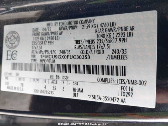 Ford ESCAPE SE 2015 1FMCU9GX0FUC30353 Image 18