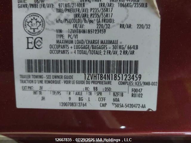12667835 :رقم المزاد ، 1ZVHT84N185123459 vin ، 2008 Ford Mustang مزاد بيع