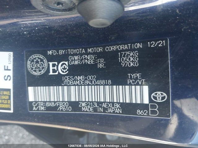 2022 Toyota Corolla Hybrid მანქანა იყიდება აუქციონზე, vin: JTDBAMDE8NJ048818, აუქციონის ნომერი: 12667836