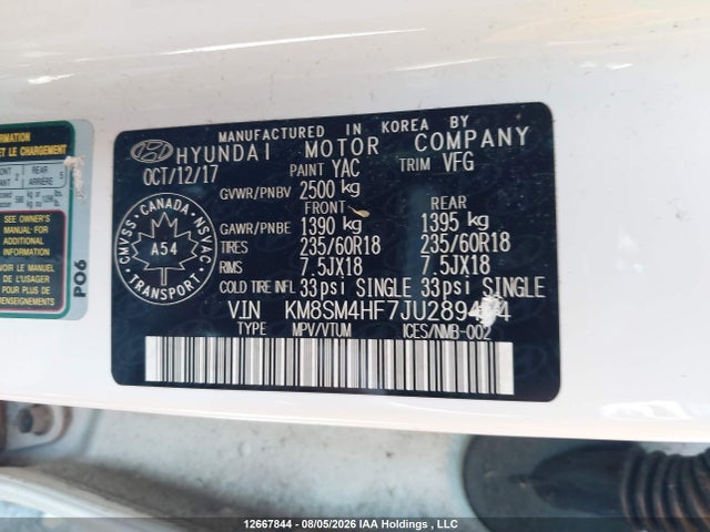 Продажа на аукционе авто 2018 Hyundai Santa Fe Se, vin: KM8SM4HF7JU289414, номер лота: 12667844