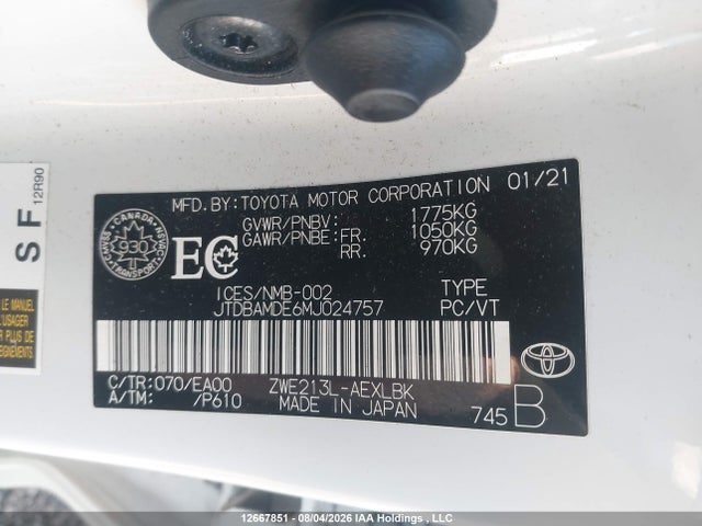Продаж на аукціоні авто 2021 Toyota Corolla Hybrid Base W/li Battery, vin: JTDBAMDE6MJ024757, номер лоту: 12667851