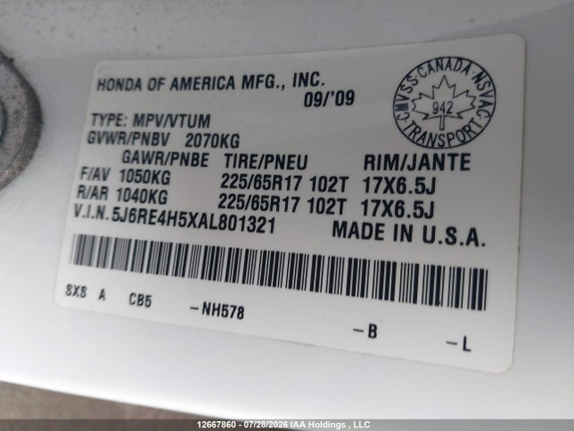 Продаж на аукціоні авто 2010 Honda Cr-v Ex, vin: 5J6RE4H5XAL801321, номер лоту: 12667860