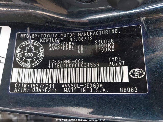 12667861 :رقم المزاد ، 4T1BD1FK0CU034556 vin ، 2012 Toyota Camry مزاد بيع